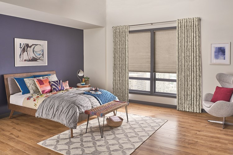 Windows: 3/4&quot; Single Cell Cellular Shades with Cordless Lift: Luxe, Earthy Taupe 0134
Drapery: Decorative Panels with Back Tabs Hardware: 1&quot; Pole