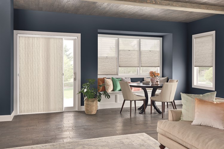 Windows: Combo Shade with Cordless Lift: 3/4&quot; Single Cell Shades: Impresario, Sandstone Gray 0590 (bottom) and Intuition, White Blossom 5800 (top) Door: 3/4&quot; Single Cell VertiCell Cellular Shade: Impresario, Sandstone Gray 0590