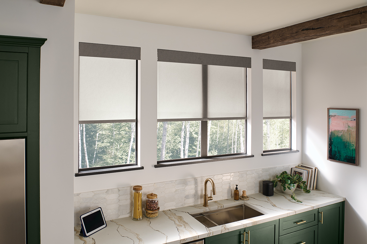 Solar Shade with EasyTouch Cordless Lift, Fabric-Wrapped Hem Bar:  Landon, Trailhead 10092