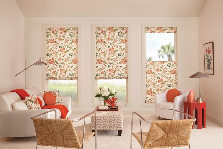 Flat Roman Shades with Bottom Up/Top Down Corded and 6&quot; Valance: Kayo, Indulge 1560; Round Pillows: Coastal, Sunset 2461; Square Pillows: Kayo, Indulge 1560