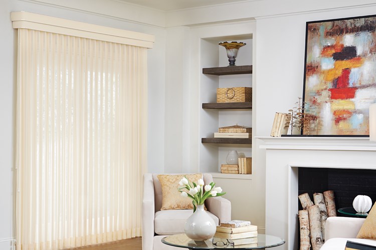 Sheer Enchantment Vertical Blinds with Cord and Chain Control and Double Round Corner Valance: Illuminate, Champagne 1720