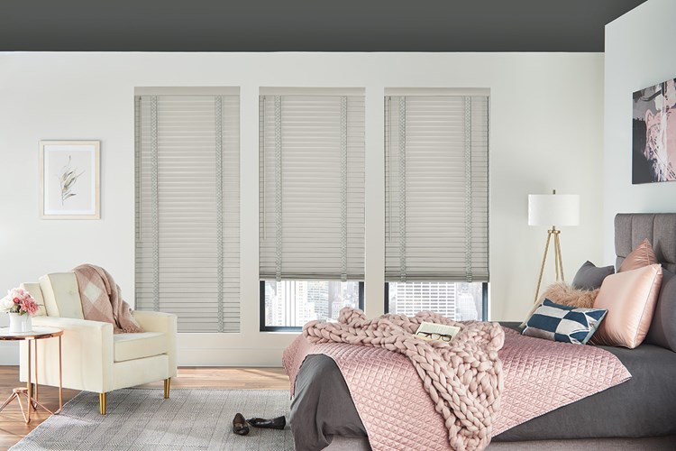 2&quot; Wood Blinds with Cordless Lift/Wand Tilt: Grey Mist 1889 with 3&quot; Standard Valance and 1 1/2&quot; Cloth Tapes: Coastal Fog C159