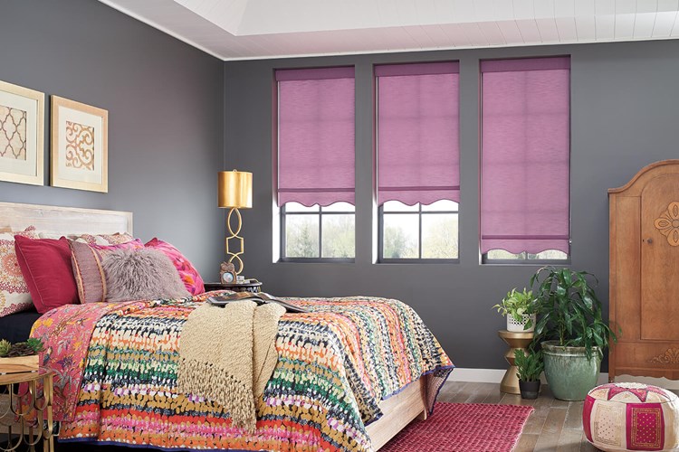 Roller Shades with Continuous-Loop Lift: Shoreline, Lilac 02608 with Contour Valance, Colonial Scallop, and Accent Gimp: Rock Gray 399
