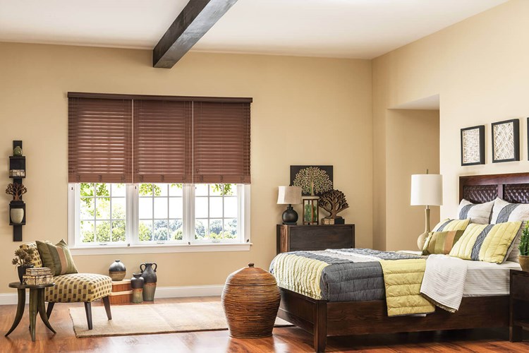 2&quot; Premium Faux Wood Blinds, three-on-one headrail with Cord Lift/Cord Tilt, NoHoles™ option and 3&quot; Standard Valance: Teriyaki 2694