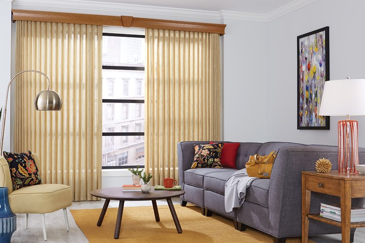 Sheer Enchantment Vertical Blinds with Cord and Chain Control and Split Stack: Akbar, Oasis 2760 with 5 ½&quot; Regal Wood Cornice and Keystone: Maple 1039
