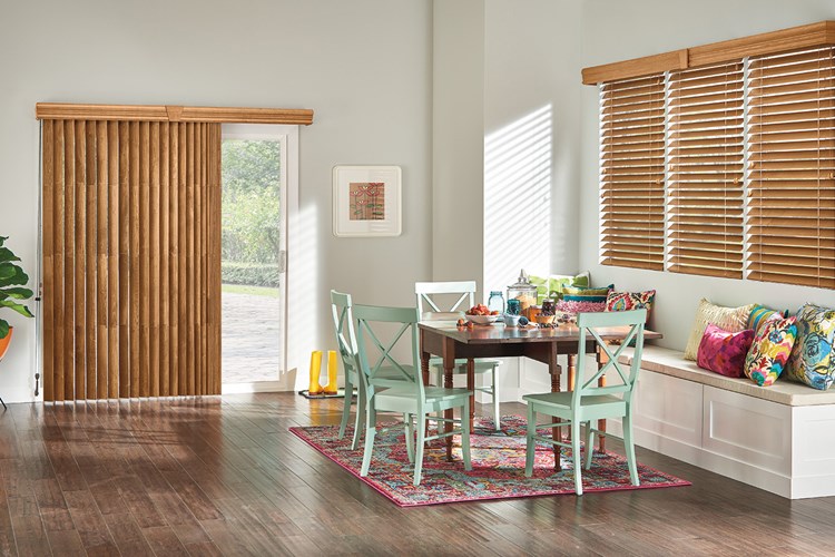 Wood Vertical Blinds with Cord and Chain Control: Regal Oak 1038 with 41/2&quot; Eloquence Valance and Keystone