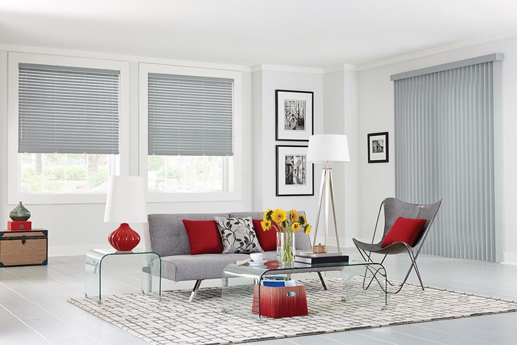 Crown Vinyl Vertical Blinds with Cord and Chain Control and Square Corner Valance: Americana, Oceanfront 3091; 2&quot; Vinyl Horizontal Blinds with Wand Tilt/Cord Lift, NoHoles, and Standard Valance: Americana, Oceanfront 7058