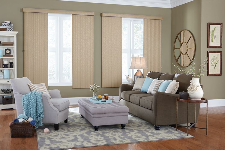 Crown Vinyl Vertical Blinds with Cord and Chain Control, Split Stack, and Round Corner Valance: Dazzle, Midas 3187
