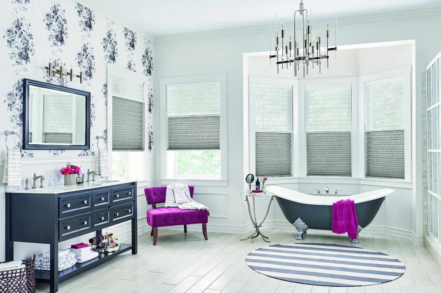Sun Up/Sun Down Shades with Cordless Lift: 2" Pleated Shades: Luminence, Wedding White 4900 (top) and Gabardine, Gray Suit 3220 (bottom)