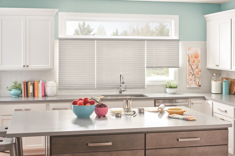 1&quot; Pleated Shades with Cordless Lift, Three on One Headrail: Taffeta, Silver Foil 2252 with Privacy Liner 8000