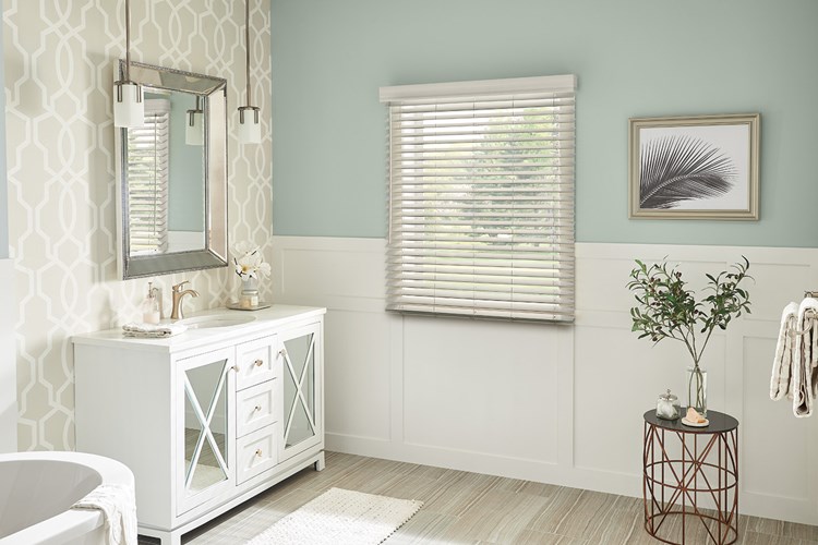 2&quot; Faux Wood Blinds with Cordless Lift/Wand Tilt: Greystone 5174 with 3 ¼&quot; Eloquence Valance