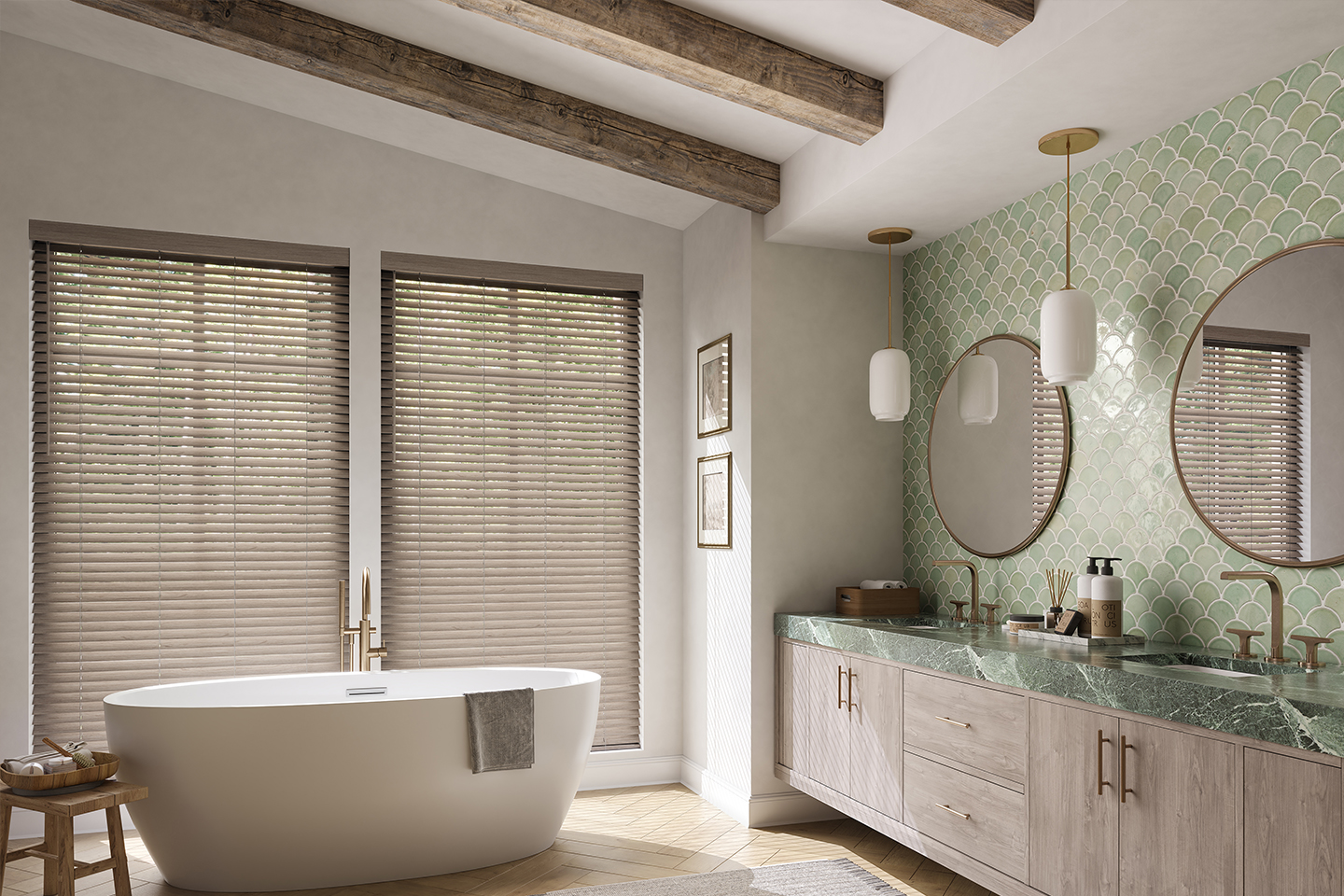 Faux Wood Blinds in a sleek bathroom.