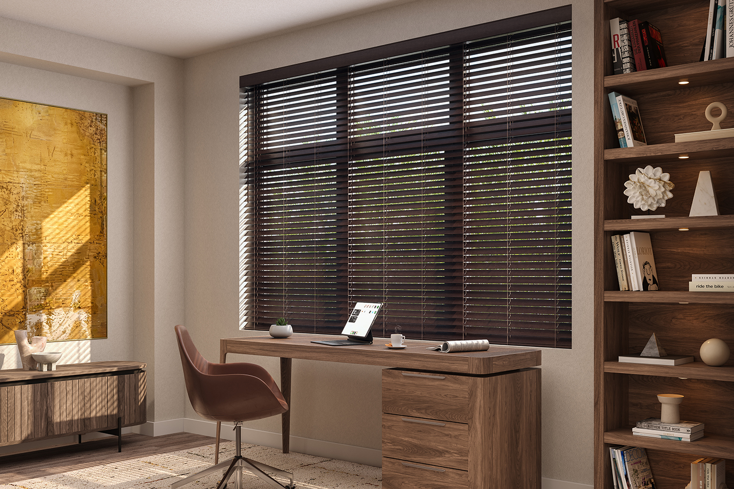 Bali Faux Wood Blinds in an office.