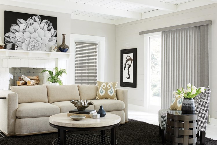 S-Shaped Vinyl Vertical Blinds with Cord and Chain Control and Square Corner Valance: Buckskin, Creek 6648; 2&quot; Vinyl Horizontal Blinds with Cord Lift/Cord Tilt and Standard Valance: Buckskin, Creek 7103