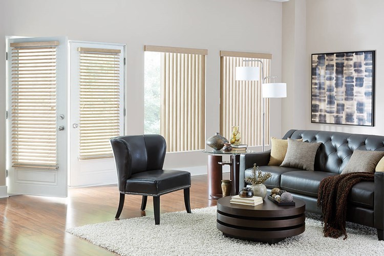S-Shaped Vinyl Vertical Blinds with One Touch Wand Control and Square Corner Valance: Presidential, Roosevelt 6699; 2&quot; Vinyl Horizontal Blinds with Cord Lift/Cord Tilt and Standard, Valance: Presidential, Roosevelt 7078