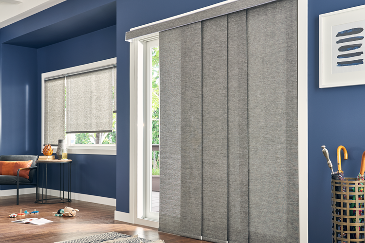 Roller Shades with Cordless Lift: Promenade, Banff 1234; Roller Shade Sliding Panels with Cordless Lift: Promenade, Banff T1234